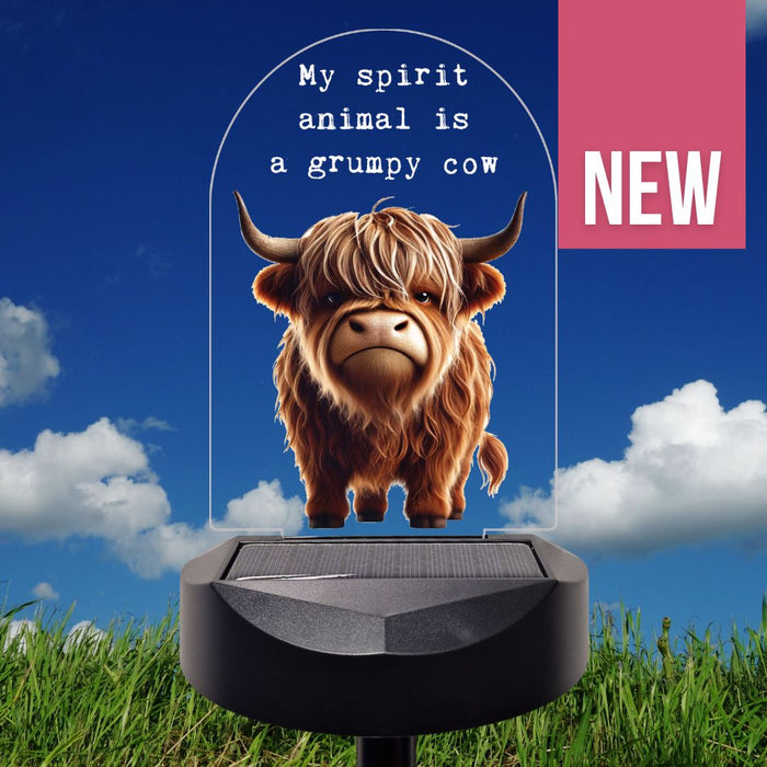 'My spirit animal is a grumpy cow' Highland Cow Solar Stake