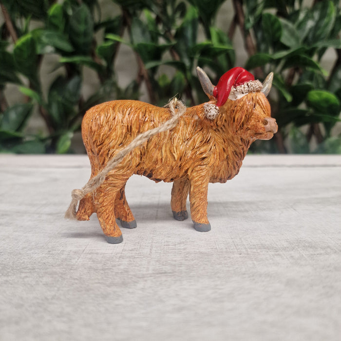 Highland Cow with Xmas Hat Tree Decoration