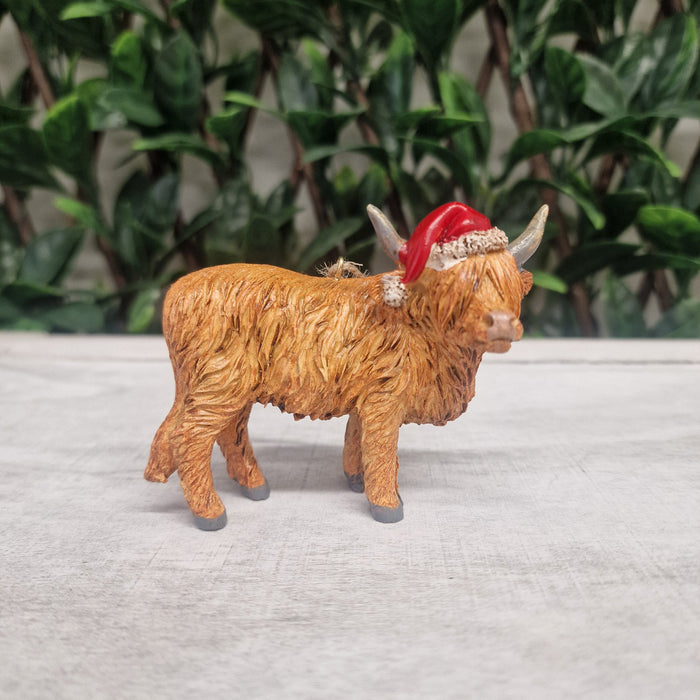 Highland Cow with Xmas Hat Tree Decoration