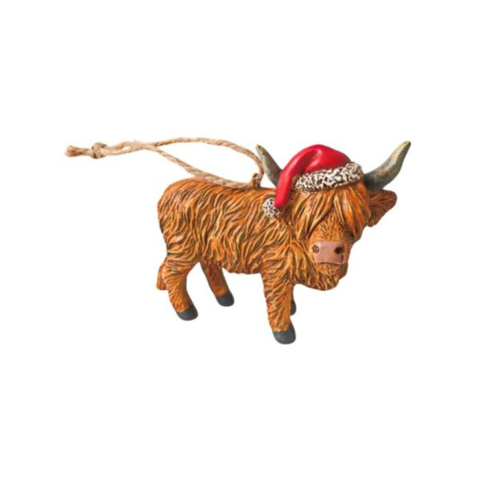 Highland Cow with Xmas Hat Tree Decoration