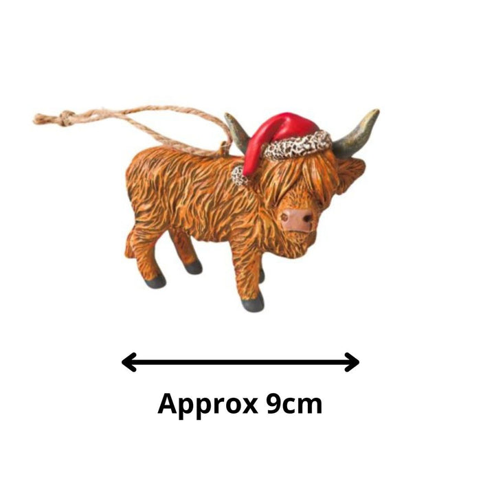 Highland Cow with Xmas Hat Tree Decoration