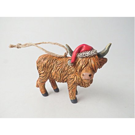 Highland Cow with Xmas Hat Tree Decoration