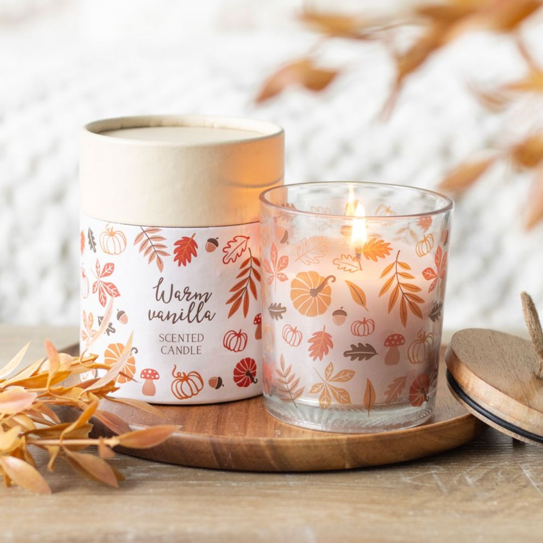 Pumpkin Autumn Leaves Warm Vanilla Glass Candle