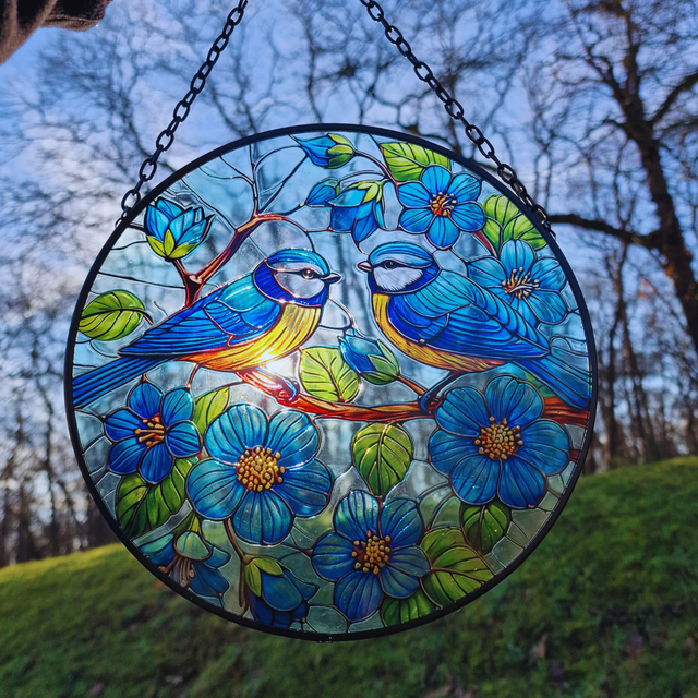 Large Stained Glass Hanging Blue Tit Suncatcher