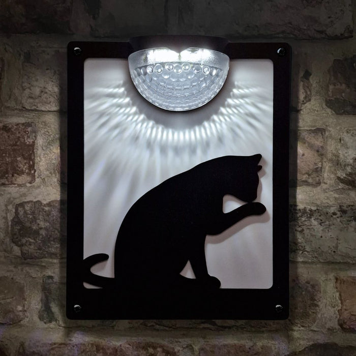 Grooming Cat Solar Light Wall Plaque