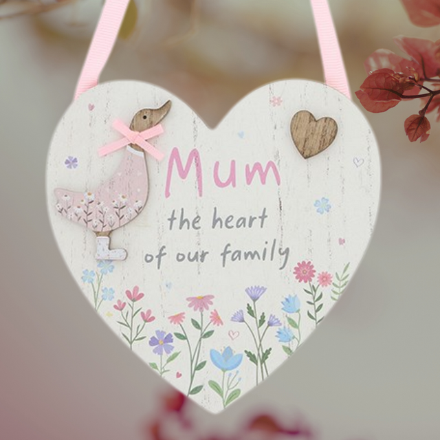 'MUM the heart of our Family' - Ditsy Ducks Hanging Heart Plaque