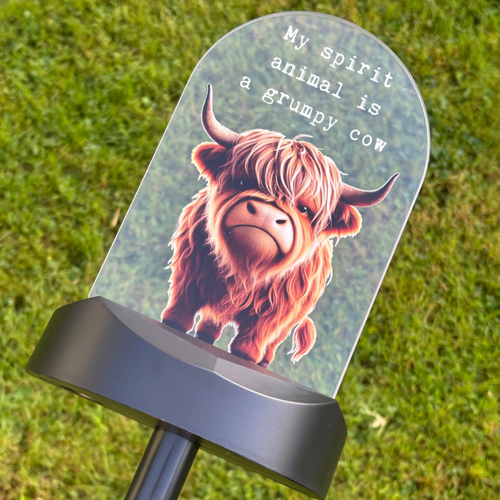 'My spirit animal is a grumpy cow' Highland Cow Solar Stake