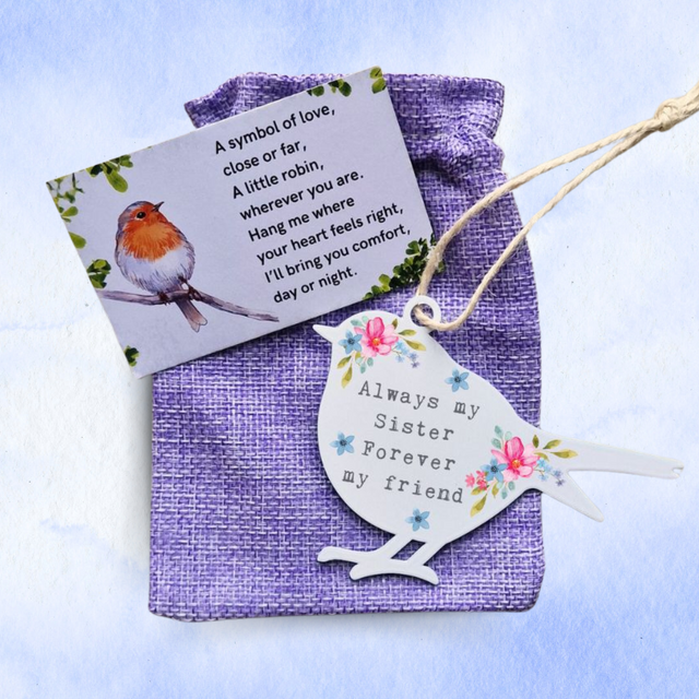 'Always my sister, Forever my friend' - White Robin Hanging Decor