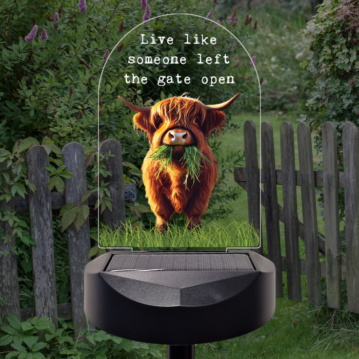 'Live like someone left the gate open' Highland Cow Solar Stake