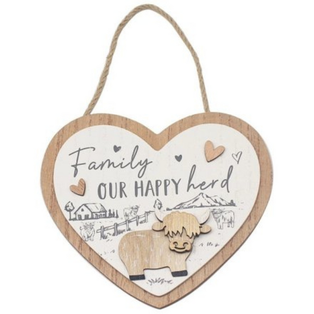 'Family Our Happy Herd' Highland Cow Heart Plaque