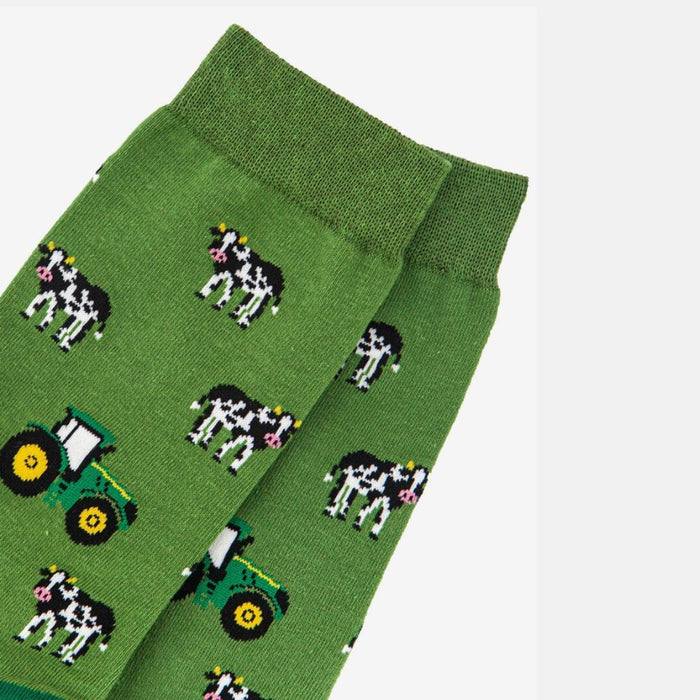 Men's Green Tractor and Cow Print Bamboo Socks