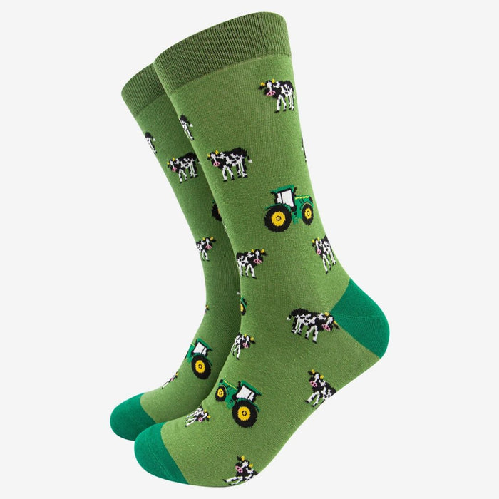 Men's Green Tractor and Cow Print Bamboo Socks