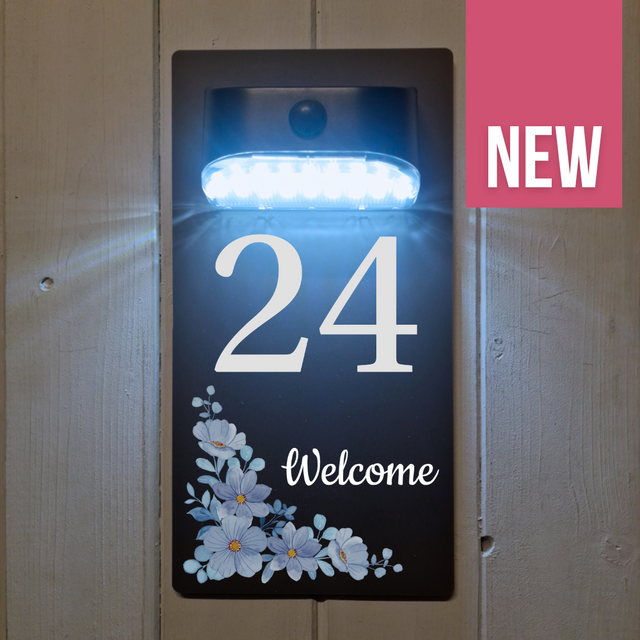 Welcome Blue Floral Motion Sensor Solar House Number Sign