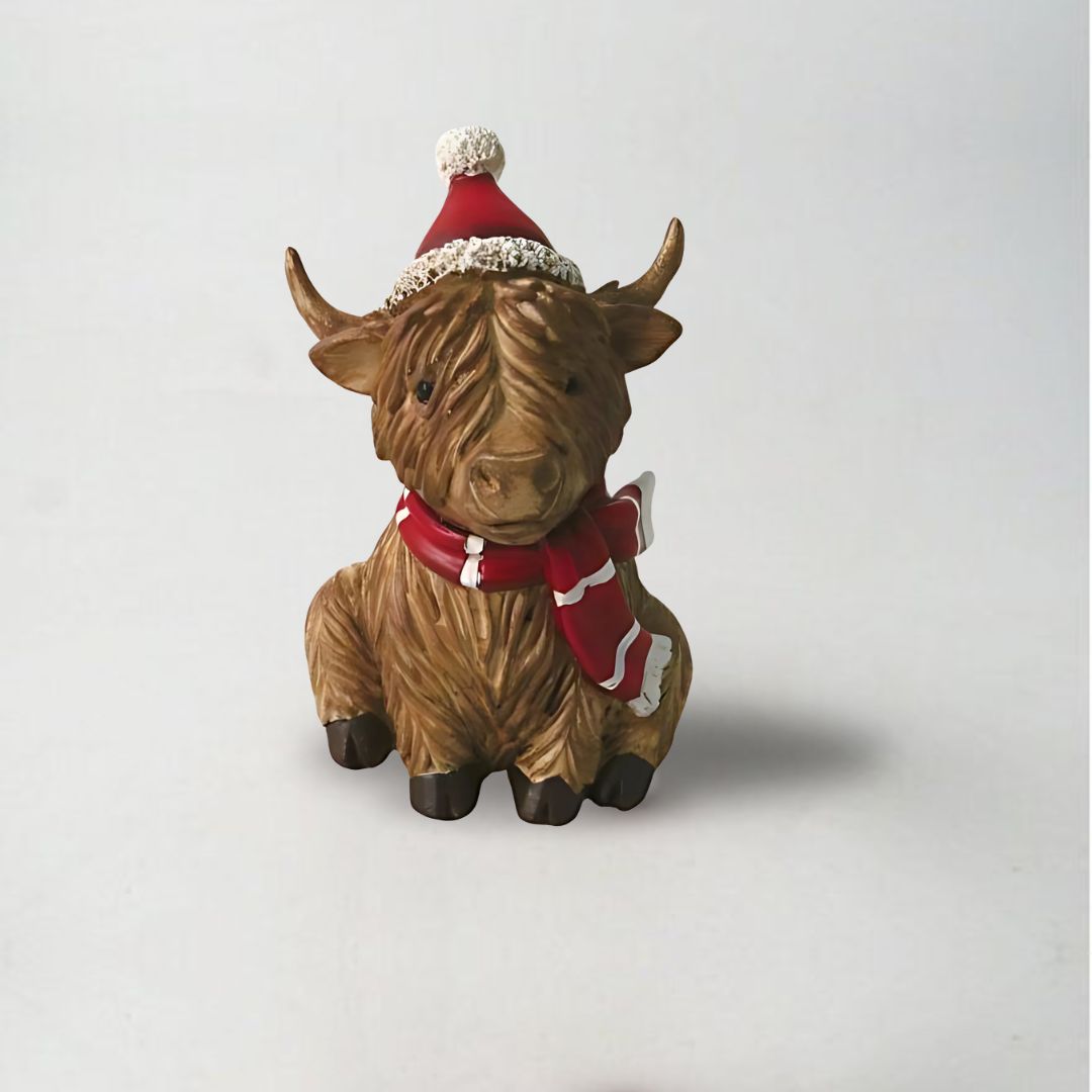 Sitting Highland Cow with Scarf & Hat