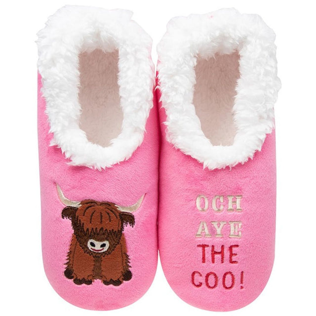 Pink & White Highland Cow Women's Snoozies Slippers