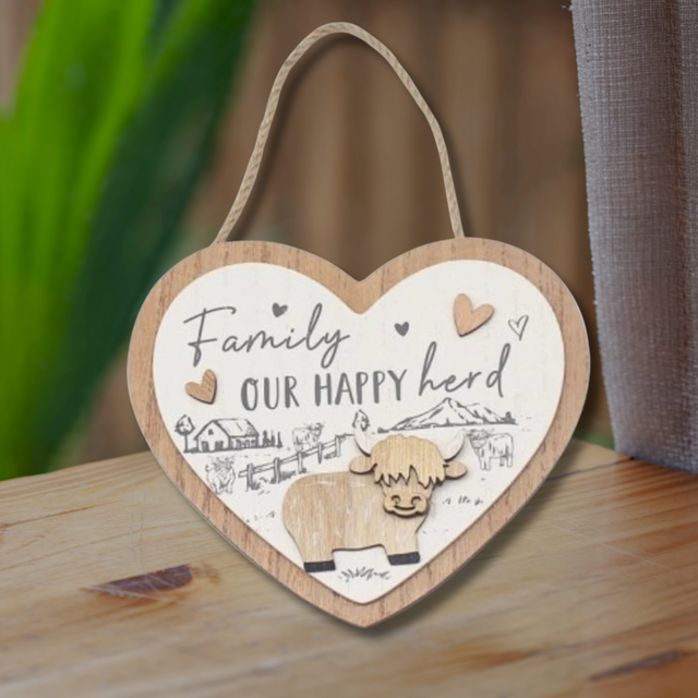 'Family Our Happy Herd' Highland Cow Heart Plaque